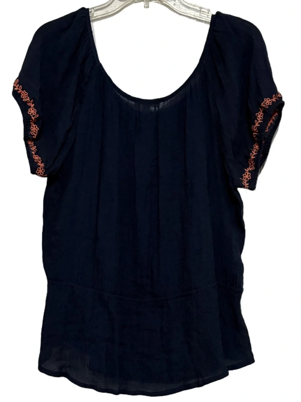 Women’s NWT Navy Peasant Top with Coral Embroidery